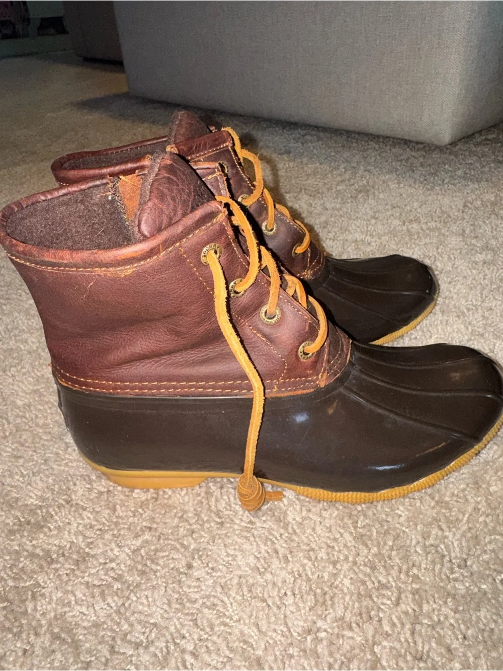 Sperry Dark Brown Leather & Black Rubber Duck Boots with Tan Laces